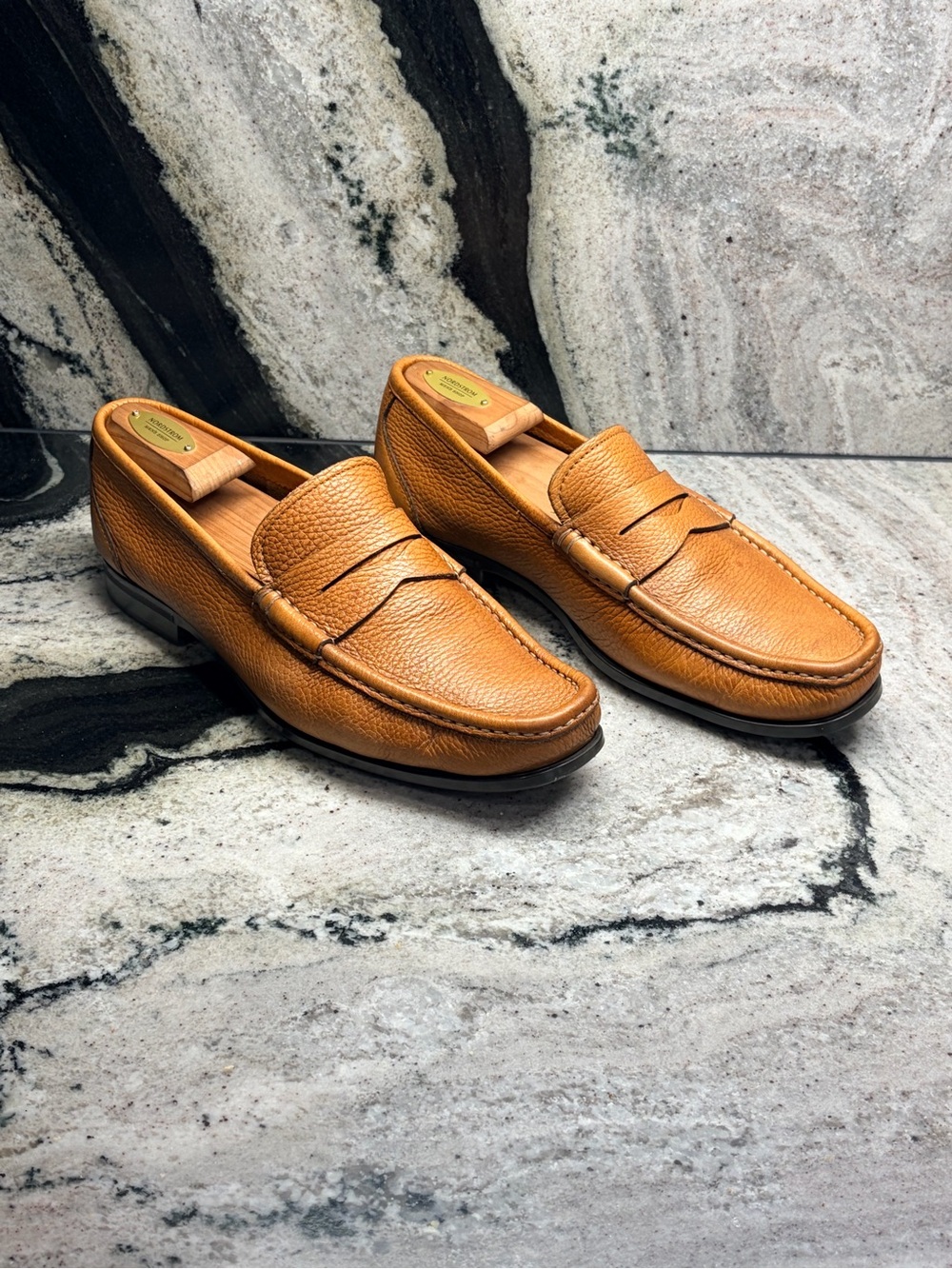Santoni Men’s UK 9 US 10 Brown Pebbled Leather Penny Loafers Made Italy